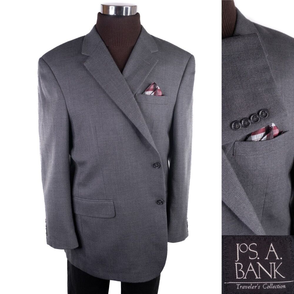 Jos A Bank Traveler's Men’s Sz 48R Gray 100% Wool Two Button Blazer Jacket Coat